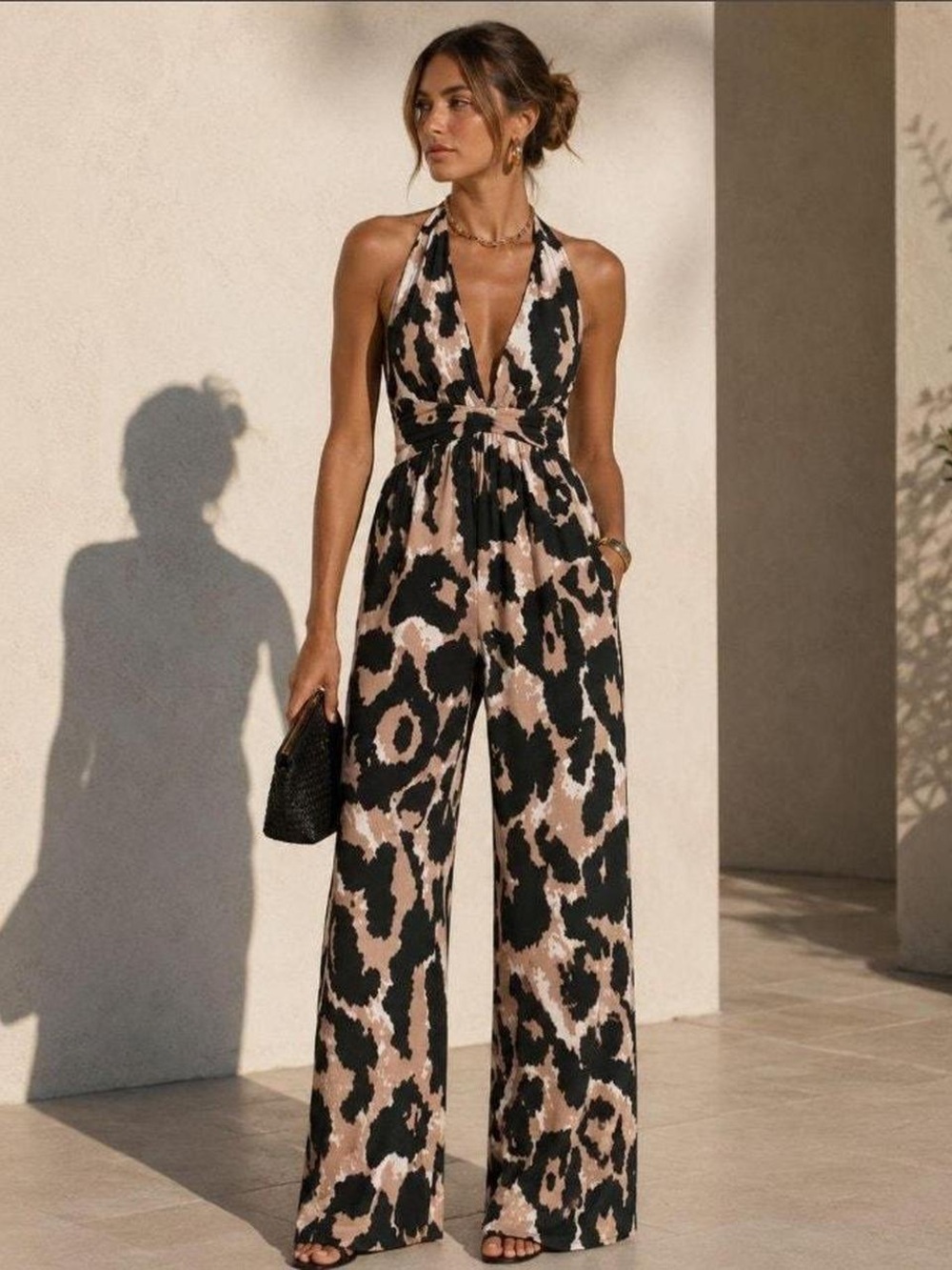 Diane Von Furstenberg for target Black & Beige Leopard Halter Jumpsuit